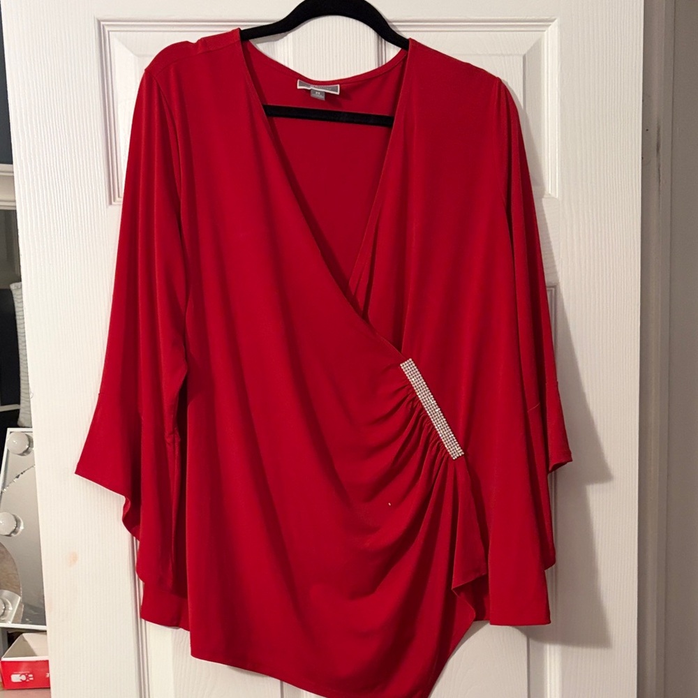 JM Collection Red Draped Blouse with Embellishment